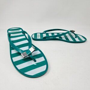 Coach Size 9B Green/White Striped Landon Jelly Flip Flops Thong Sandals Flat Bow